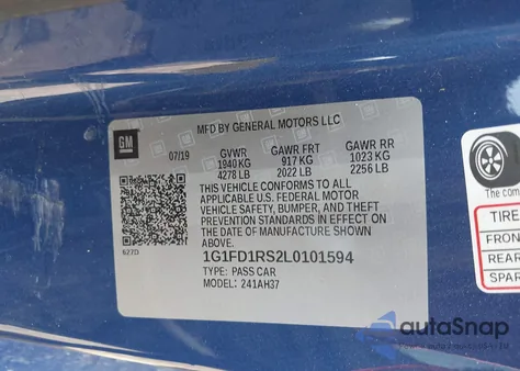 2020 Chevrolet Camaro Rwd 2Lt из США, поврежденный, VIN 1G1FD1RS2L0101594